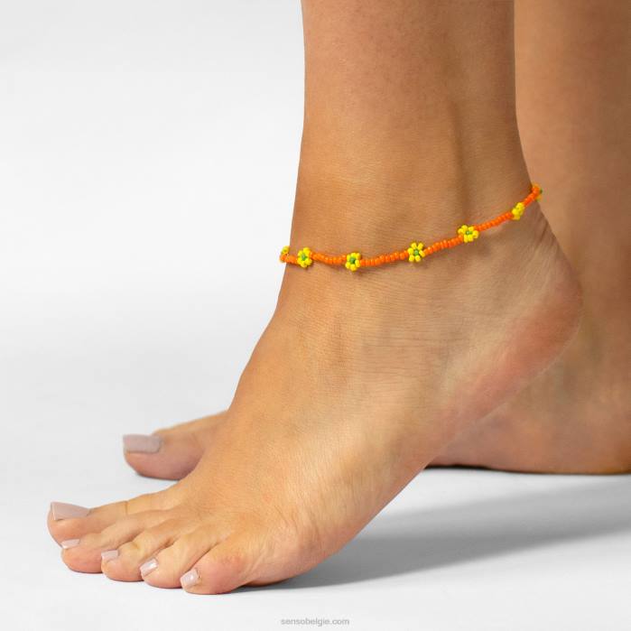 4P28588 Senso sieraden oranje + geel daisy chain enkelbandje oranje